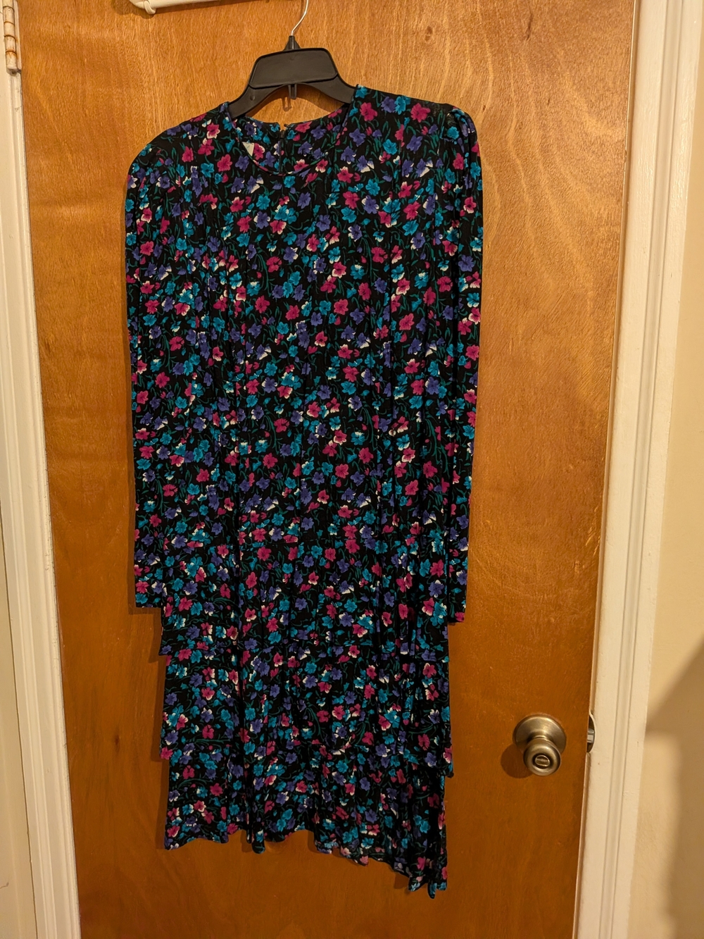 Long-Sleeve Floral Tiered Midi Dress in Black with Teal & Magenta